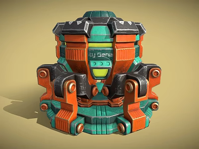 Industrial Mechanical Device With Orange Green Structure And Tech Components 3d model