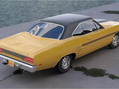Yellow Vintage Muscle Car With Black Roof And Body Stripes Parked By Waterfront 3d model