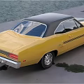 Yellow Vintage Muscle Car With Black Roof And Body Stripes Parked By Waterfront