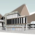Modern Commercial Complex With Glass Facade Multistorey Structure And Outdoor Plaza