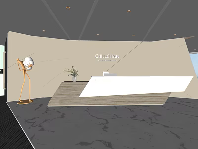 Modern Reception Desk Interior Design With Company Logo Floor Lamp Potted Plant And Marble Floor 3d model
