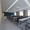 Spacious Conference Room Interior With Rows Of Tables Chairs Mobile Podium Large Windows And Curtains