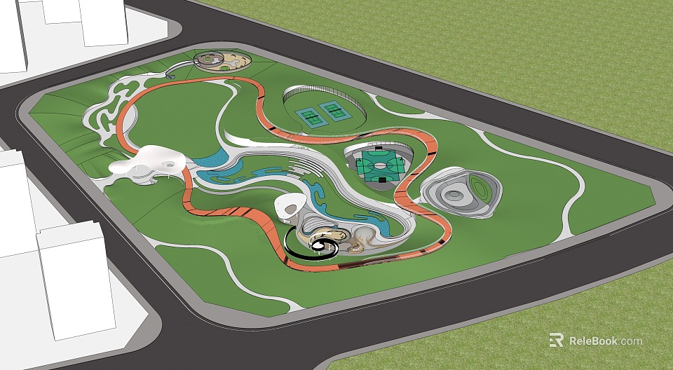 Scenic Park Landscape With Lush Green Lawns Winding Pathways Water Features And Rest Areas 3d model 