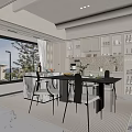 Modern Restaurant Interior With Dining Table Chairs Large Window Display Cabinets And Soft Lighting 3d model
