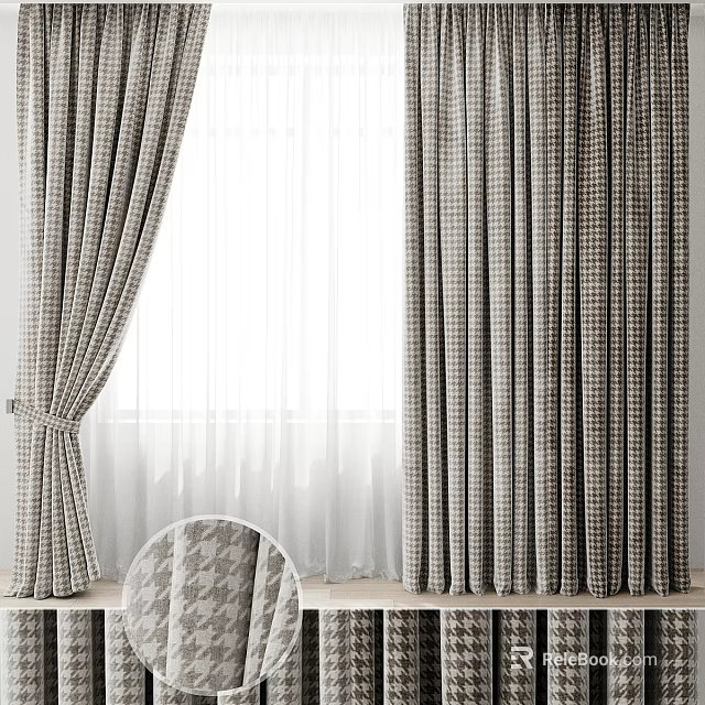Gray And White Plaid Curtains With Sheer Panels For Modern Window Interior 3d model 