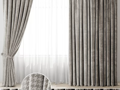 Gray And White Plaid Curtains With Sheer Panels For Modern Window Interior 3d model
