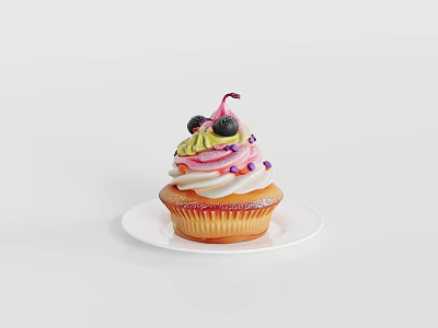 Delicious Cupcake with Cream Frosting Fresh Blueberry Toppings and Colorful Sprinkles on White Plate 3d model
