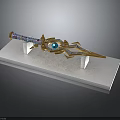 Ornate Decorative Sword With Blue Gem And Gold Accents On White Stand