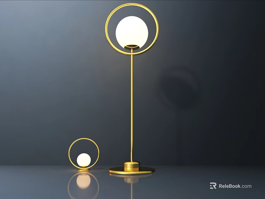 Two Modern Golden Table Lamps With Circular Design And White Globe Shades On Smooth Surface 3d model 