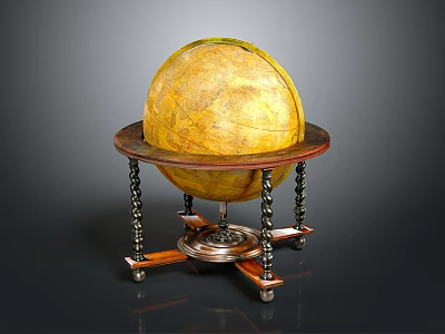 Antique Yellow Globe With Detailed Map On Decorative Wooden Stand And Carved Columns 3d model