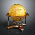 Antique Yellow Globe With Detailed Map On Decorative Wooden Stand And Carved Columns