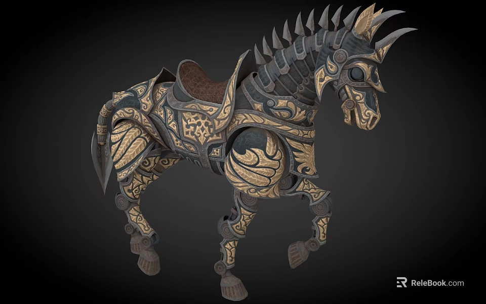 Decorative Horse Ornament Set With Intricate Gold Patterns Spiked Mane And Carved Details 3d model 