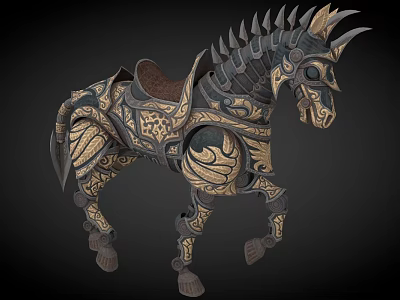 Decorative Horse Ornament Set With Intricate Gold Patterns Spiked Mane And Carved Details 3d model
