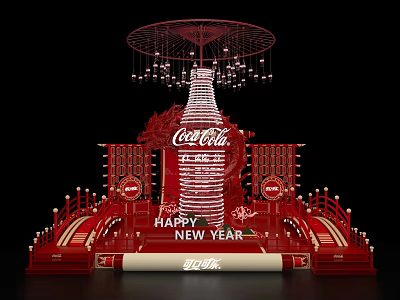 Coca-Cola Themed Red Stage with Happy New Year Decorations Lanterns and Stairs 3d model