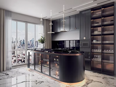 Modern Kitchen With Black Wine Cabinet Glass Doors Marble Floor And City View 3d model