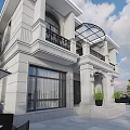 European Style Detached Villa Exterior With White Facade Arched Windows And Black Railings