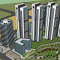 Modern High Rise Building Complex With Glass Facades And Urban Landscape Elements