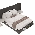 Modern Upholstered Double Bed with Tall Headboard White Sheets Brown Striped Accents and Round Nightstand