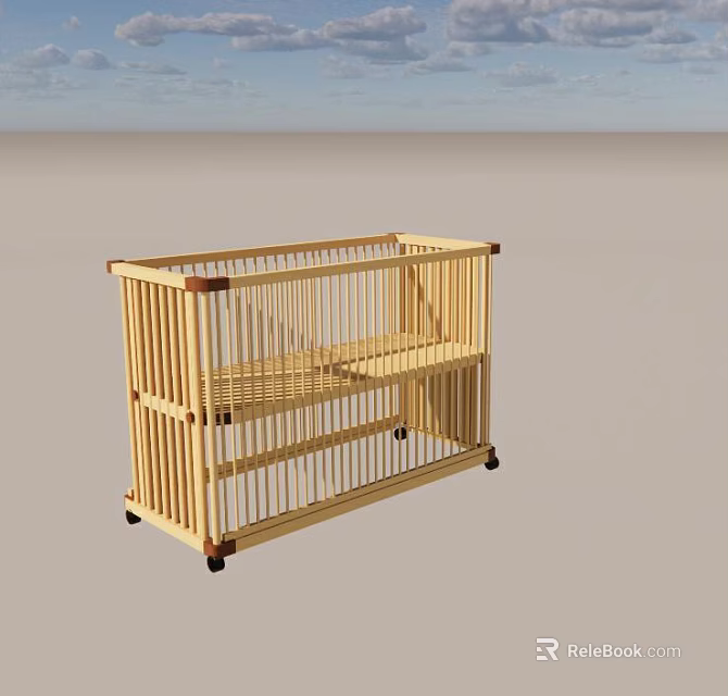 Simple Design Natural Wooden Baby Crib With Wheels And Lower Shelf 3d model 