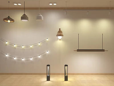 Various Stylish Chandeliers Display With Indoor Wall String Lights And Floor Lighting Setup 3d model