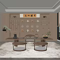Traditional Chinese Tea Room With Wooden Shelves Tea Sets Calligraphy Art And Natural Light