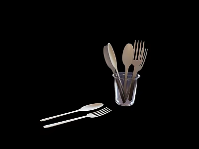 Disposable Cutlery Set With Spoons Forks In Transparent Glass On Black Background 3d model
