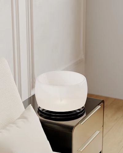 White Modern Table Lamp On Black Table With Light Colored Sofa And Wooden Floor 3d model