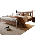 Modern Wooden Double Bed with Bedding Blanket Pillows Nightstand Lamp Rug and Books