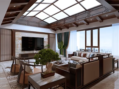 Elegant New Chinese Style Living Room With Solid Wood Furniture And Decorative Wooden Ceiling Design 3d model