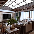 Elegant New Chinese Style Living Room With Solid Wood Furniture And Decorative Wooden Ceiling Design