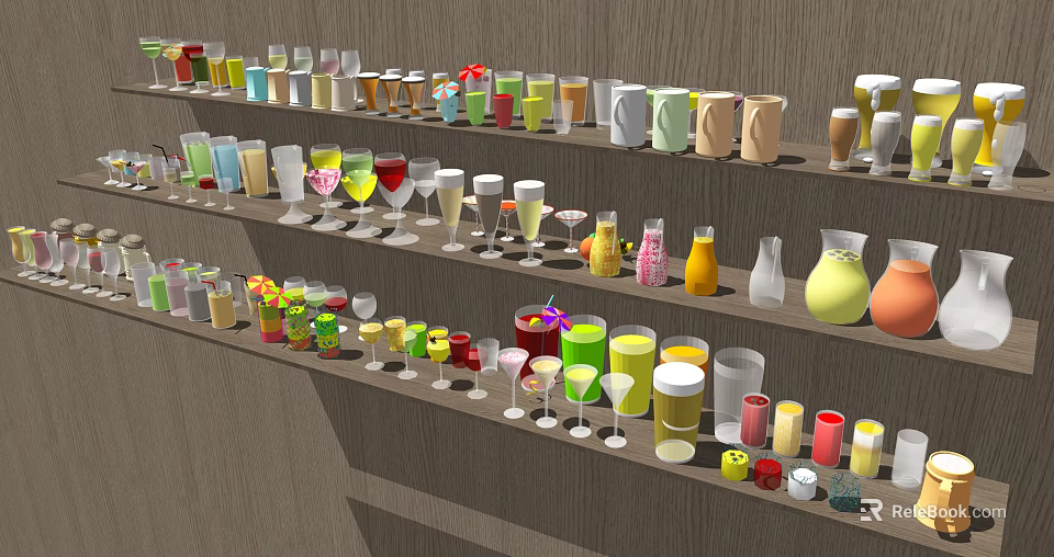 Colorful Assorted Beverages Displayed On Multiple Shelves With Various Glassware And Bottles 3d model 