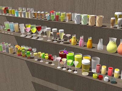 Colorful Assorted Beverages Displayed On Multiple Shelves With Various Glassware And Bottles 3d model