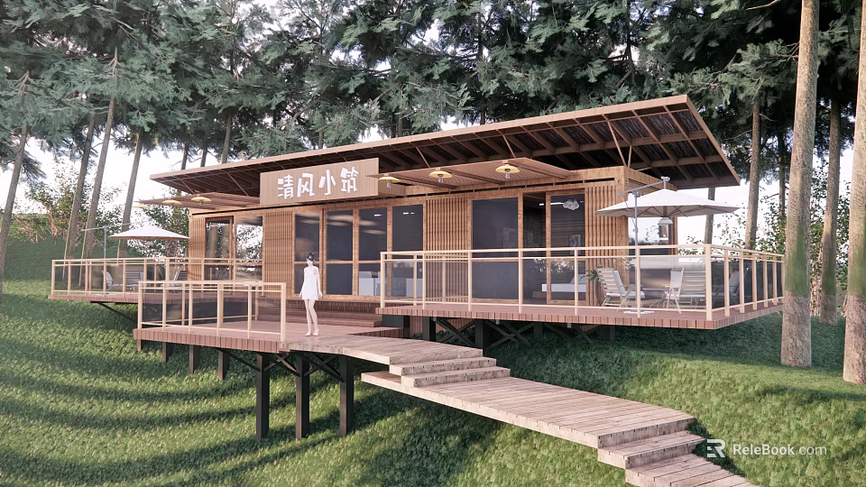 Wooden Guesthouse Building With Terrace Lawn And Surrounded By Trees 3d model 