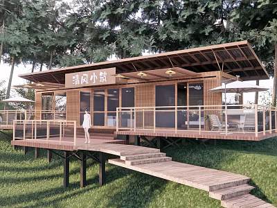 Wooden Guesthouse Building With Terrace Lawn And Surrounded By Trees 3d model