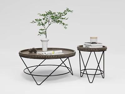 Modern Round Coffee Table Set with Geometric Metal Frame Green Plant and Books 3d model