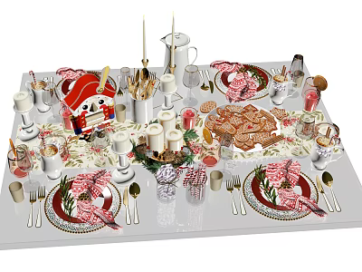 Dining Table Setup with Roasted Meat Bread and Fruits and Tableware Candles Decorative Items 3d model