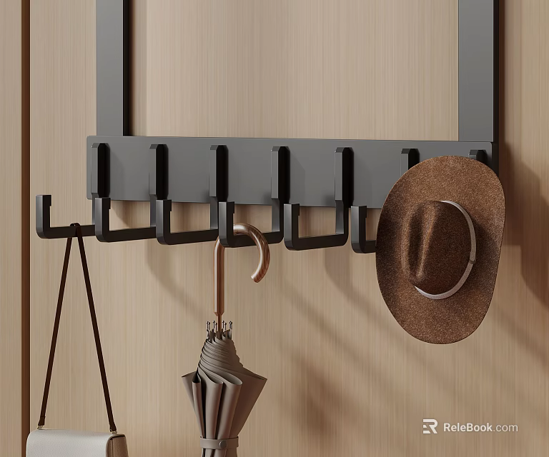 Wall Mounted Hook Rack with Brown Hat and Umbrella Hanging on Wooden Wall 3d model 