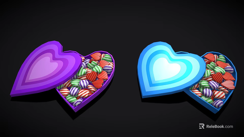 Colorful Heart Shaped Boxes Filled With Assorted Candies For Gifts 3d model 