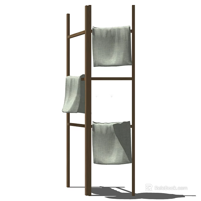 Soft Linen Towels Hanging on Wooden Towel Rack with Three Shelves 3d model 