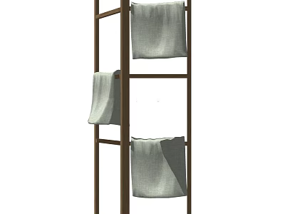 Soft Linen Towels Hanging on Wooden Towel Rack with Three Shelves 3d model