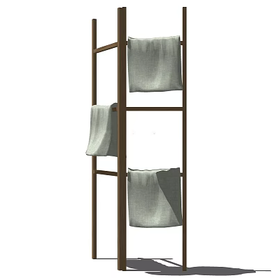 Soft Linen Towels Hanging on Wooden Towel Rack with Three Shelves 3d model