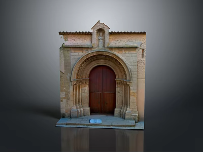 Ancient Stone Building Facade With Arched Wooden Door Decorative Top Carvings And Steps 3d model