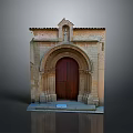 Ancient Stone Building Facade With Arched Wooden Door Decorative Top Carvings And Steps