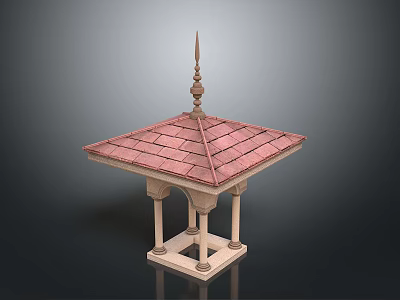 Square Shaped Pavilion With Red Tiled Roof White Columns And Spire Decoration 3d model