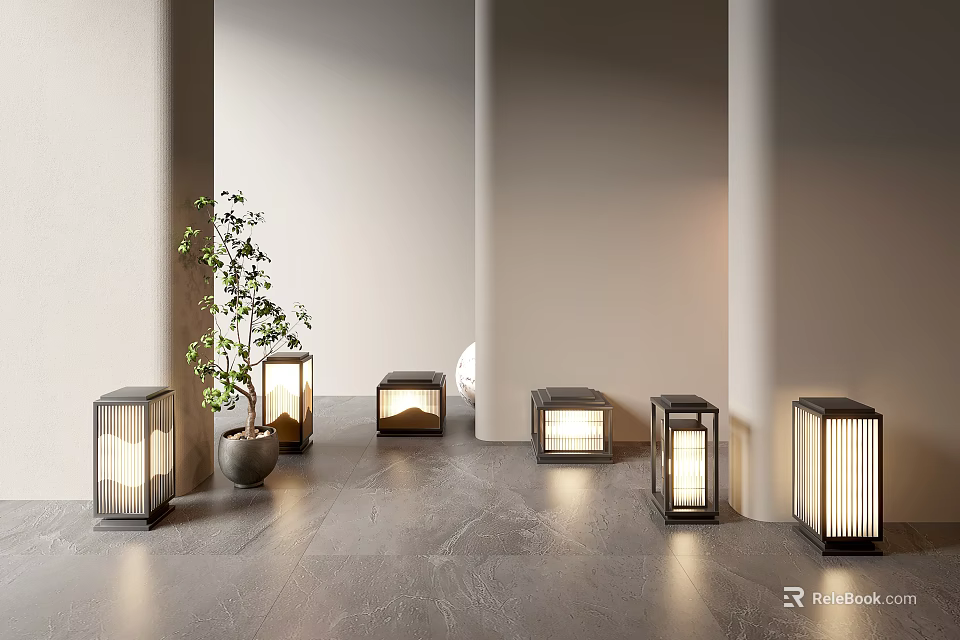 Modern Outdoor Lights With Lantern Design In Courtyard Featuring Green Plant And Gray Floor Tiles 3d model 