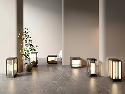 Modern Outdoor Lights With Lantern Design In Courtyard Featuring Green Plant And Gray Floor Tiles 3d model
