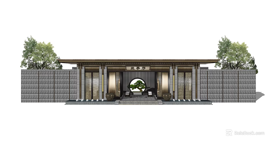 Traditional Chinese Entrance Gate With Stone Walls Decorative Columns And Classic Roof 3d model 