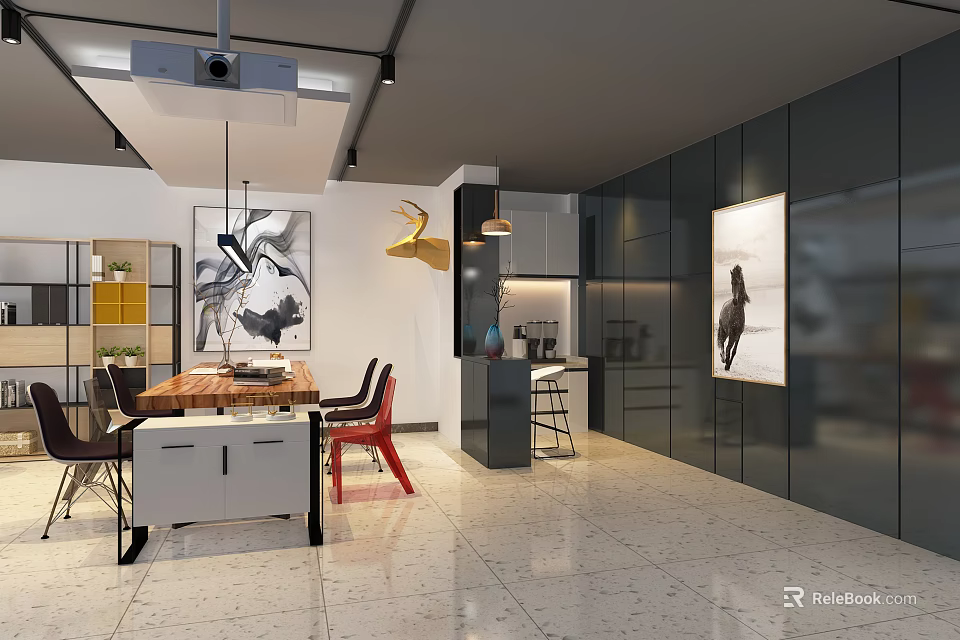 Modern Public Office Space With Open Layout Work Desks Chairs Decorative Paintings And Pendant Lights 3d model 
