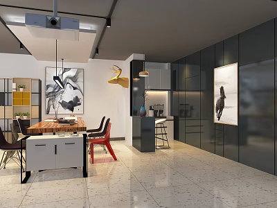 Modern Public Office Space With Open Layout Work Desks Chairs Decorative Paintings And Pendant Lights 3d model