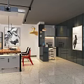 Modern Public Office Space With Open Layout Work Desks Chairs Decorative Paintings And Pendant Lights